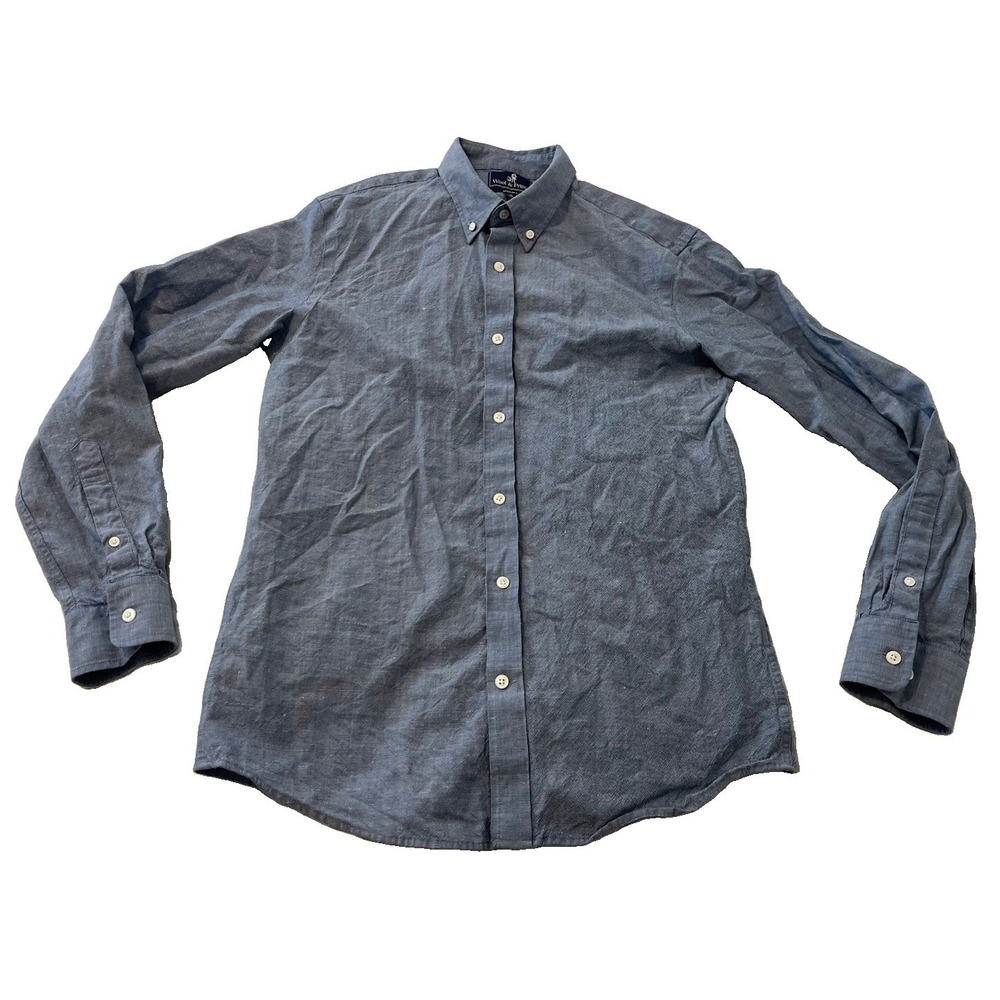 Wool and Prince Shirt Mens Blue Long Sleeve Button Up Wool Linen Blend